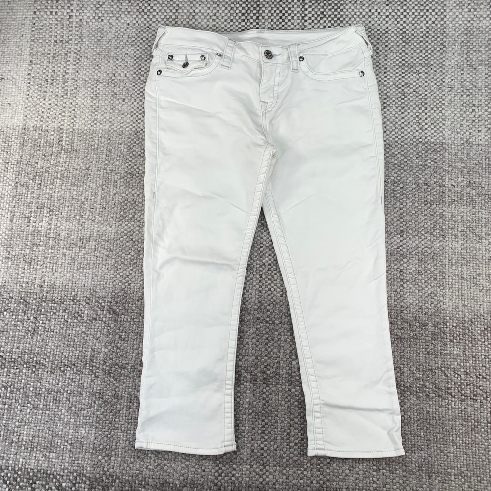 True Religion Capri Cropped Denim Jeans Womens 32 White Flap Pocket WLZAB17KN8